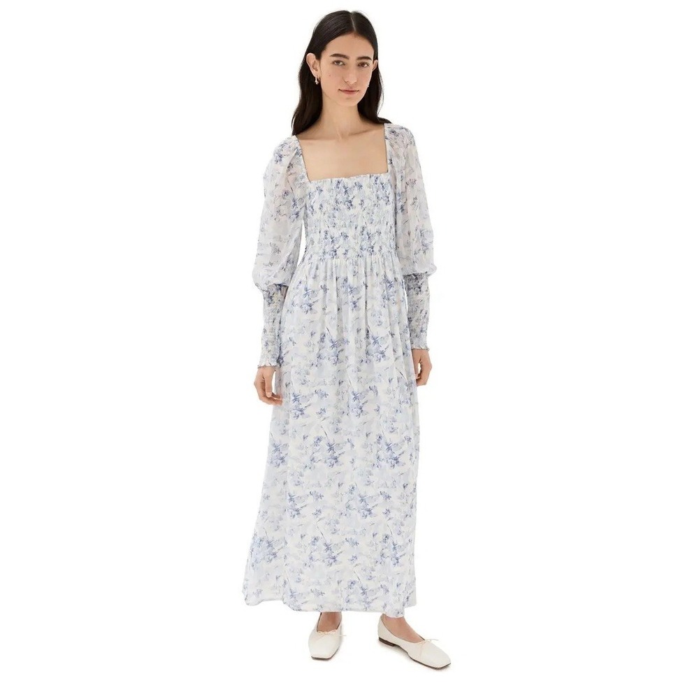 Hill House Home The Angelica Nap Dress Blue Pressed Flowers Large Coquette NWT